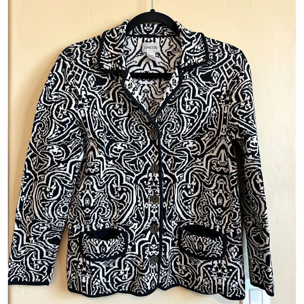 CHICO'S Knit Cardigan Sweater Jacquard Silky Soft Black White Size 1 Silk/Cotton